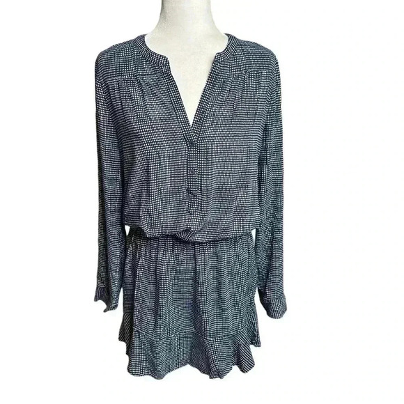 Joie Acey Button-Front Long-Sleeve Printed Navy & White Dress roll tab - Picture 2 of 8